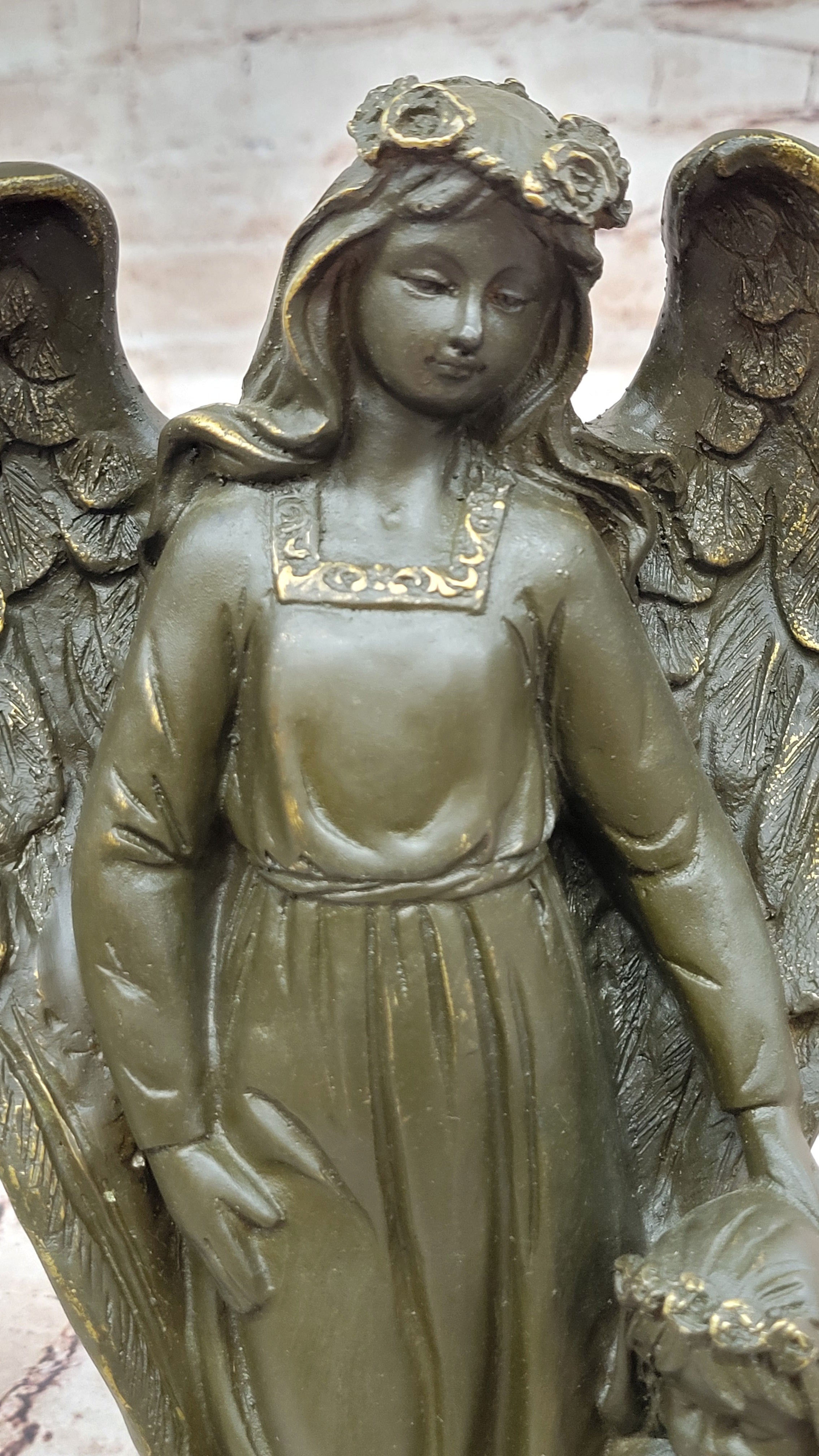 Bronze Angel with Child Spiritual Memorial Sculpture