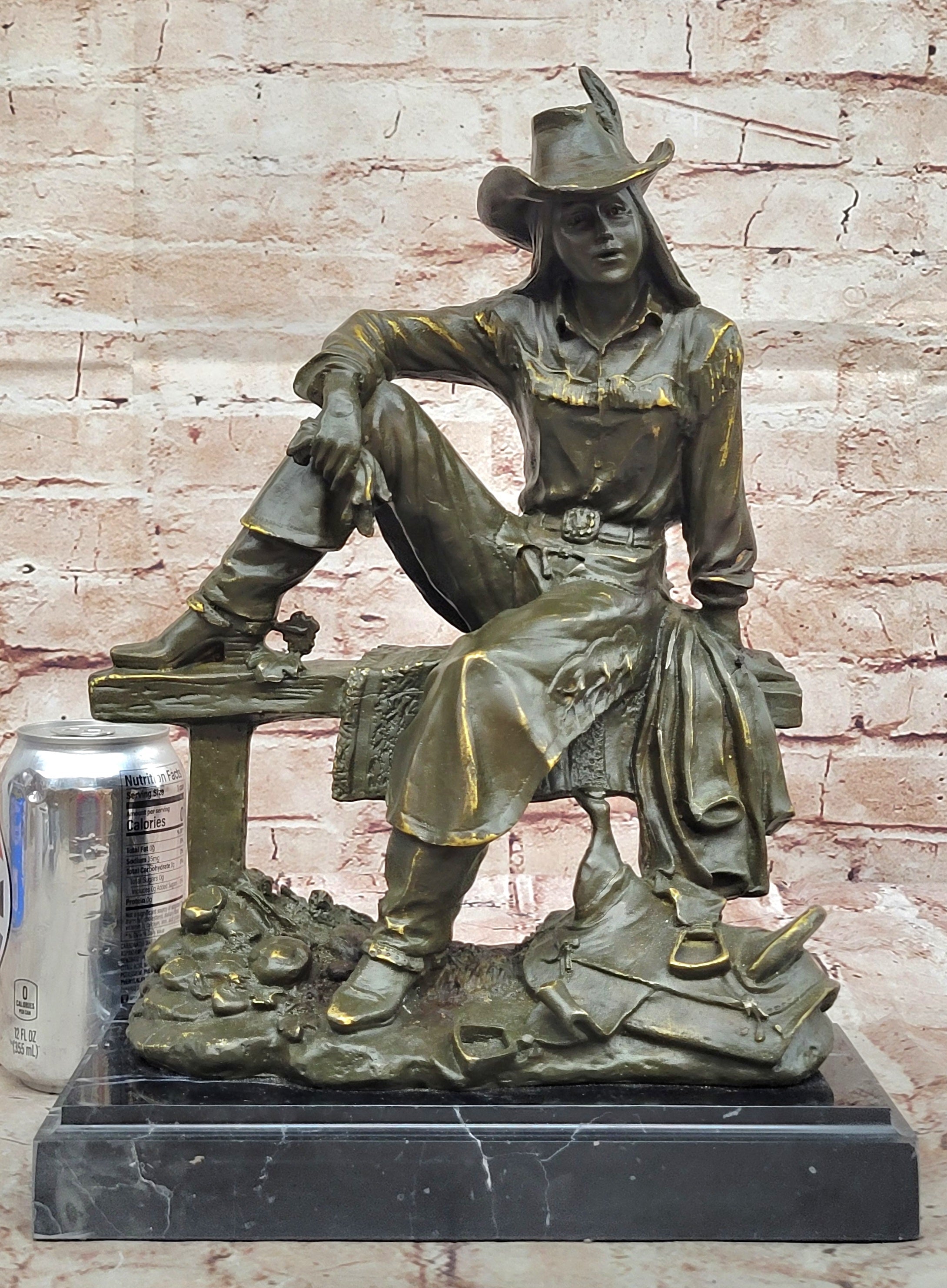 Bronze Cowgirl Sculpture – Western Lady on Fence Statue