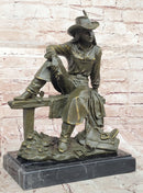 Bronze Cowgirl Sculpture – Western Lady on Fence Statue