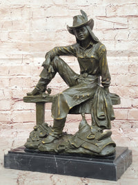 Bronze Cowgirl Sculpture – Western Lady on Fence Statue