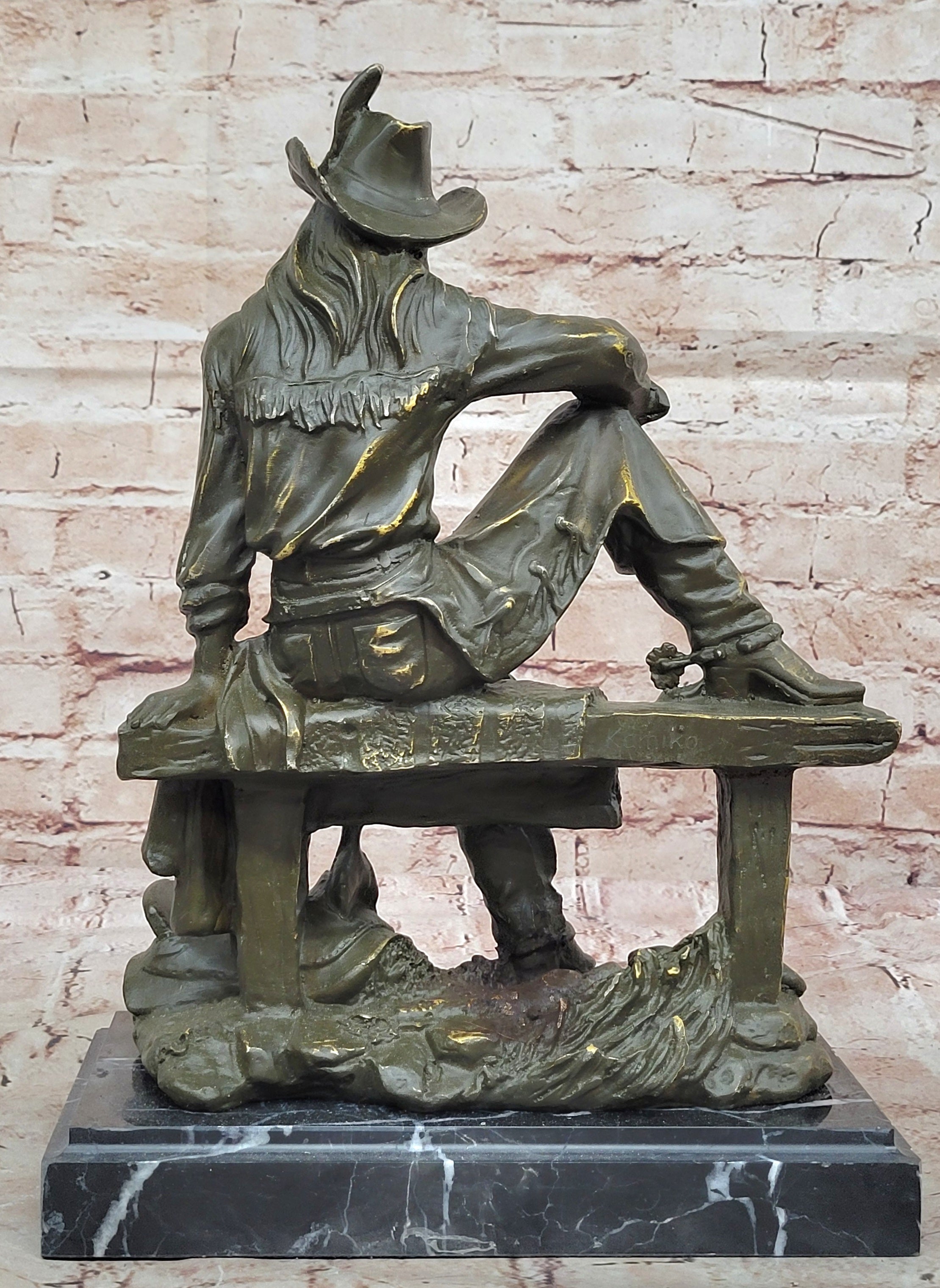 Bronze Cowgirl Sculpture – Western Lady on Fence Statue
