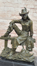 Bronze Cowgirl Sculpture – Western Lady on Fence Statue