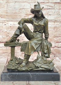 Bronze Cowgirl Sculpture – Western Lady on Fence Statue
