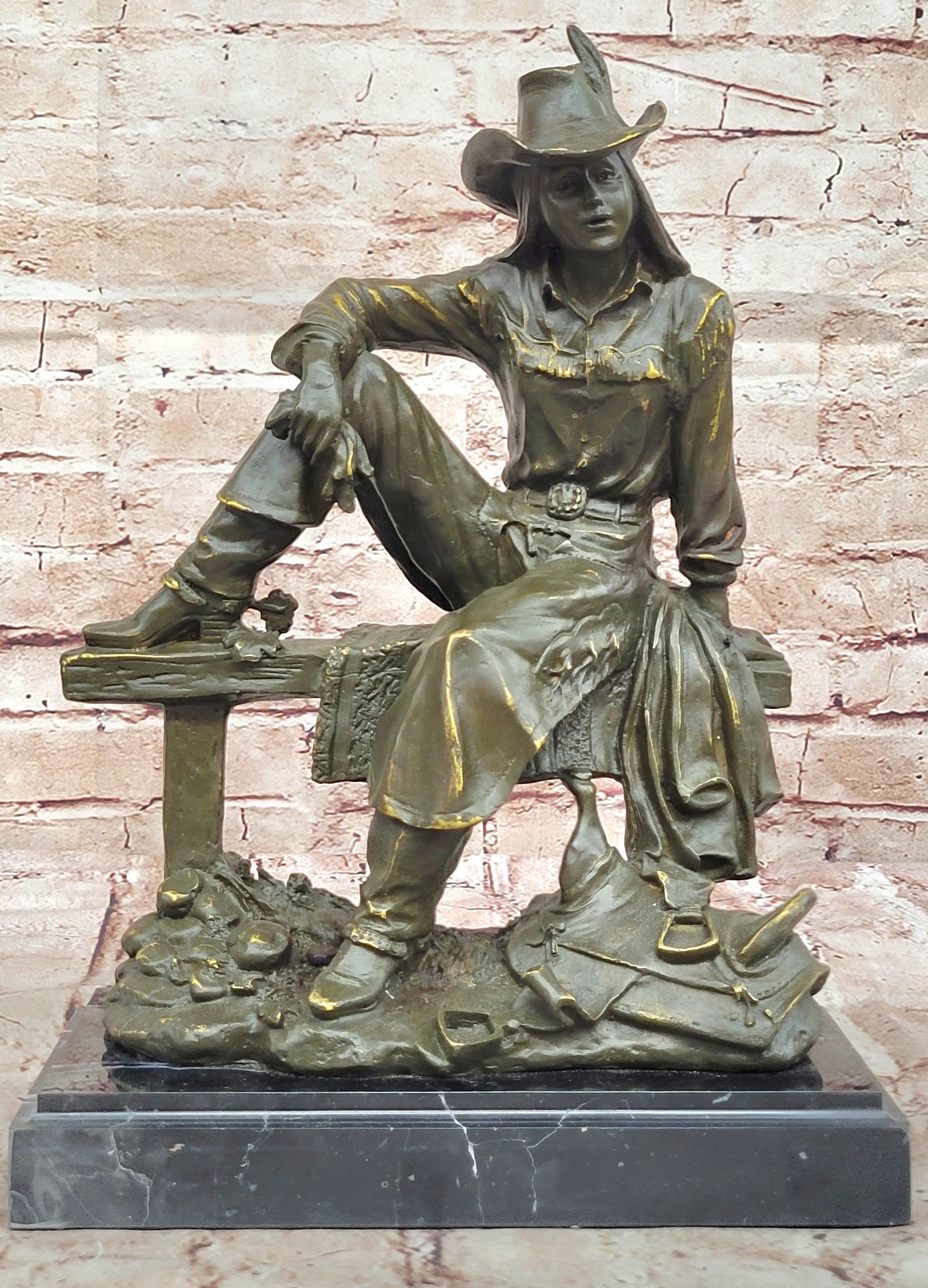 Bronze Cowgirl Sculpture – Western Lady on Fence Statue