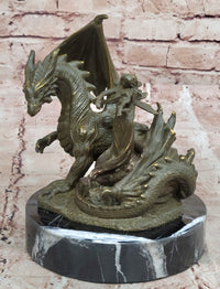 Bronze Dragon and Archer Fantasy Medieval Sculpture