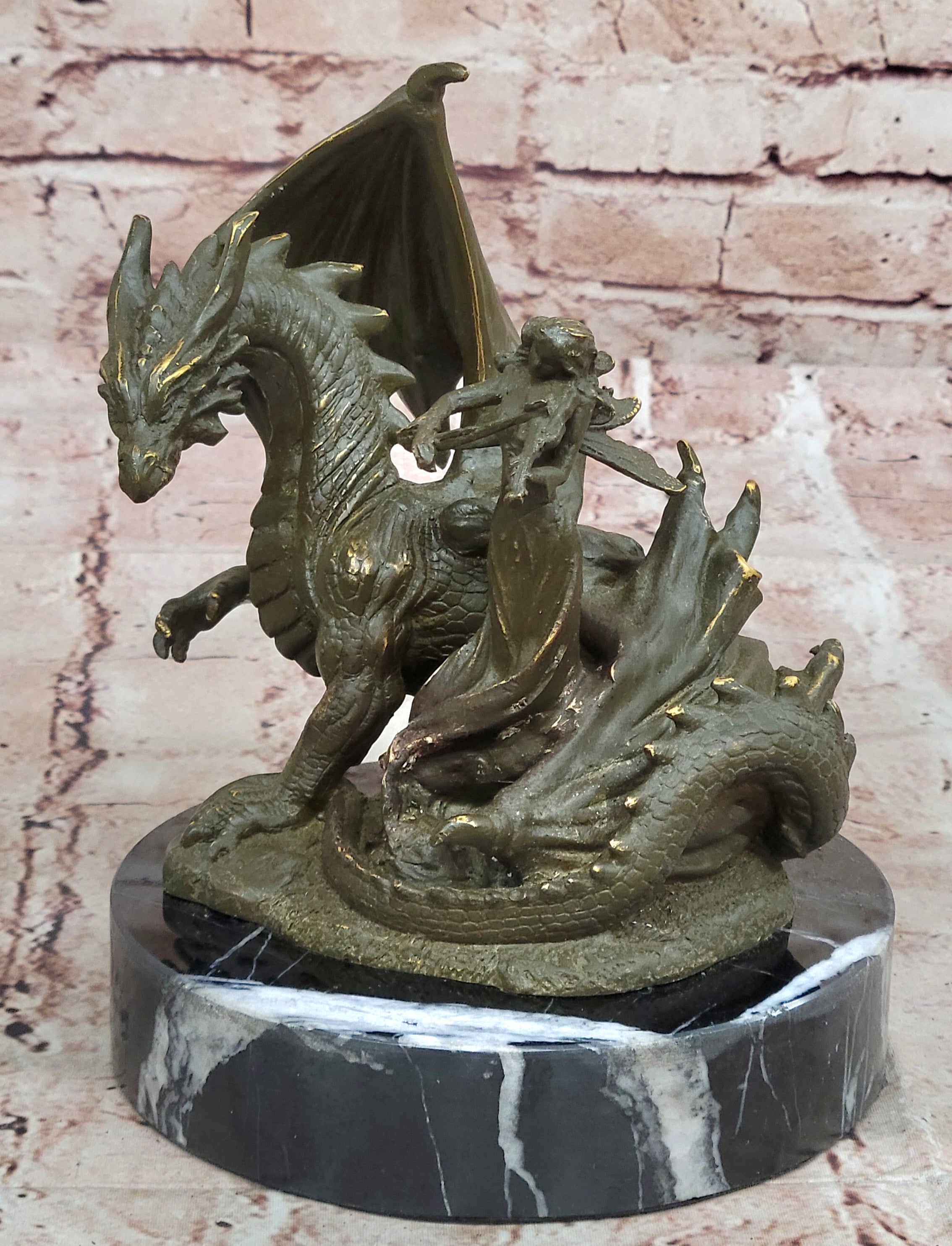 Bronze Dragon and Archer Fantasy Medieval Sculpture