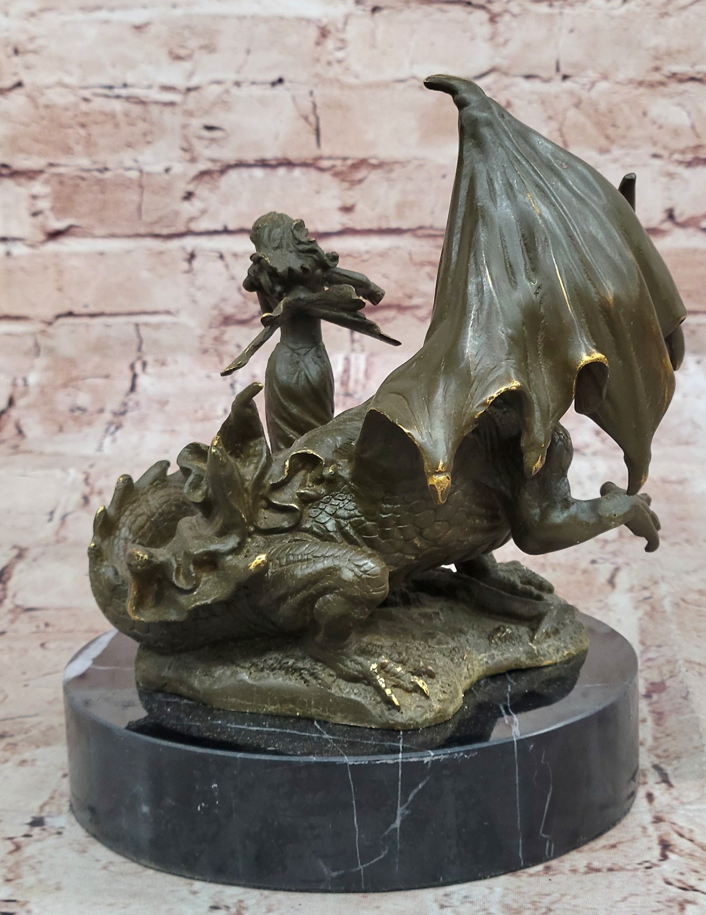Bronze Dragon and Archer Fantasy Medieval Sculpture