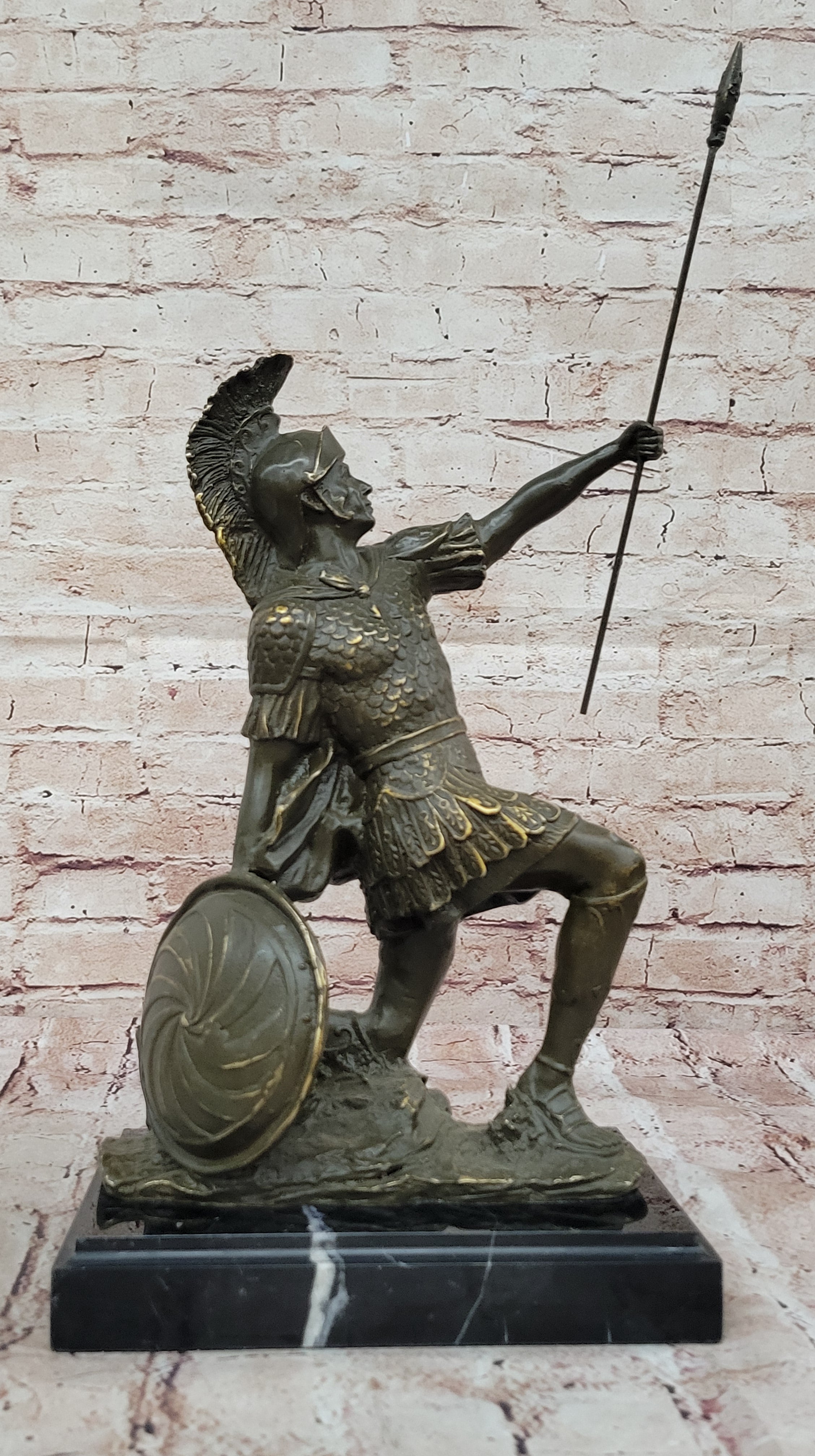Kneeling Roman Legion Centurion Bronze Sculpture with Spear & Shield