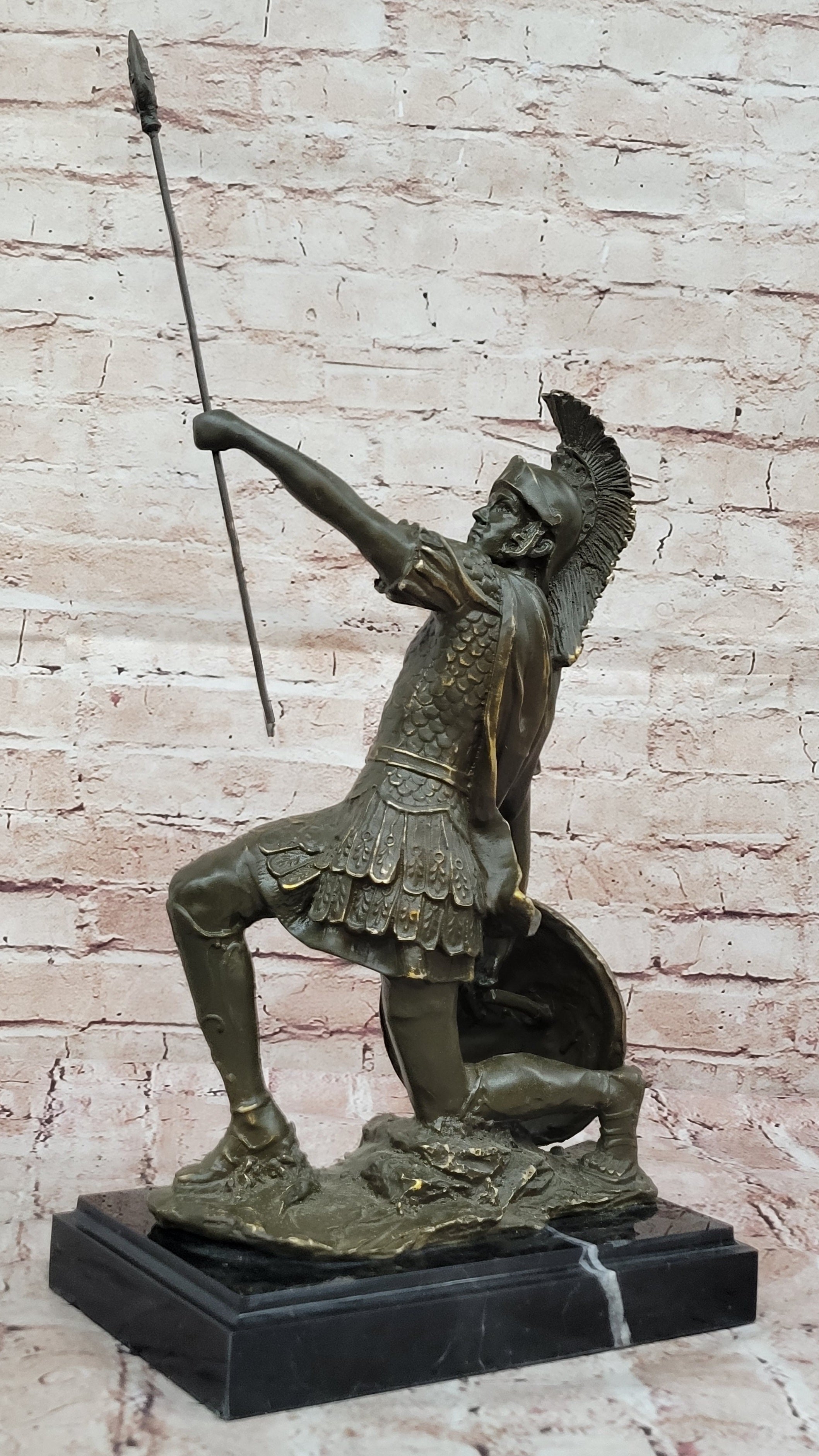 Kneeling Roman Legion Centurion Bronze Sculpture with Spear & Shield