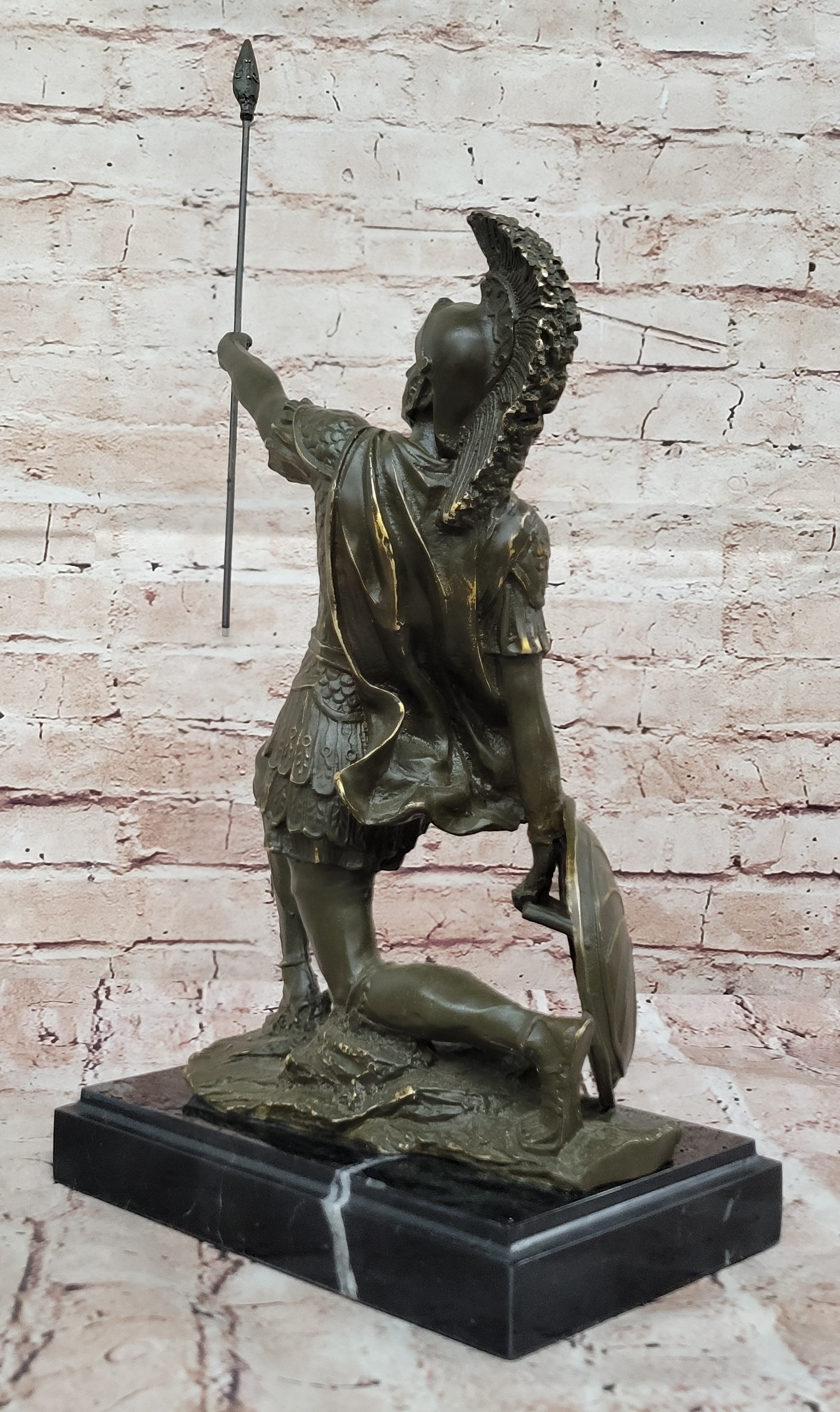 Kneeling Roman Legion Centurion Bronze Sculpture with Spear & Shield