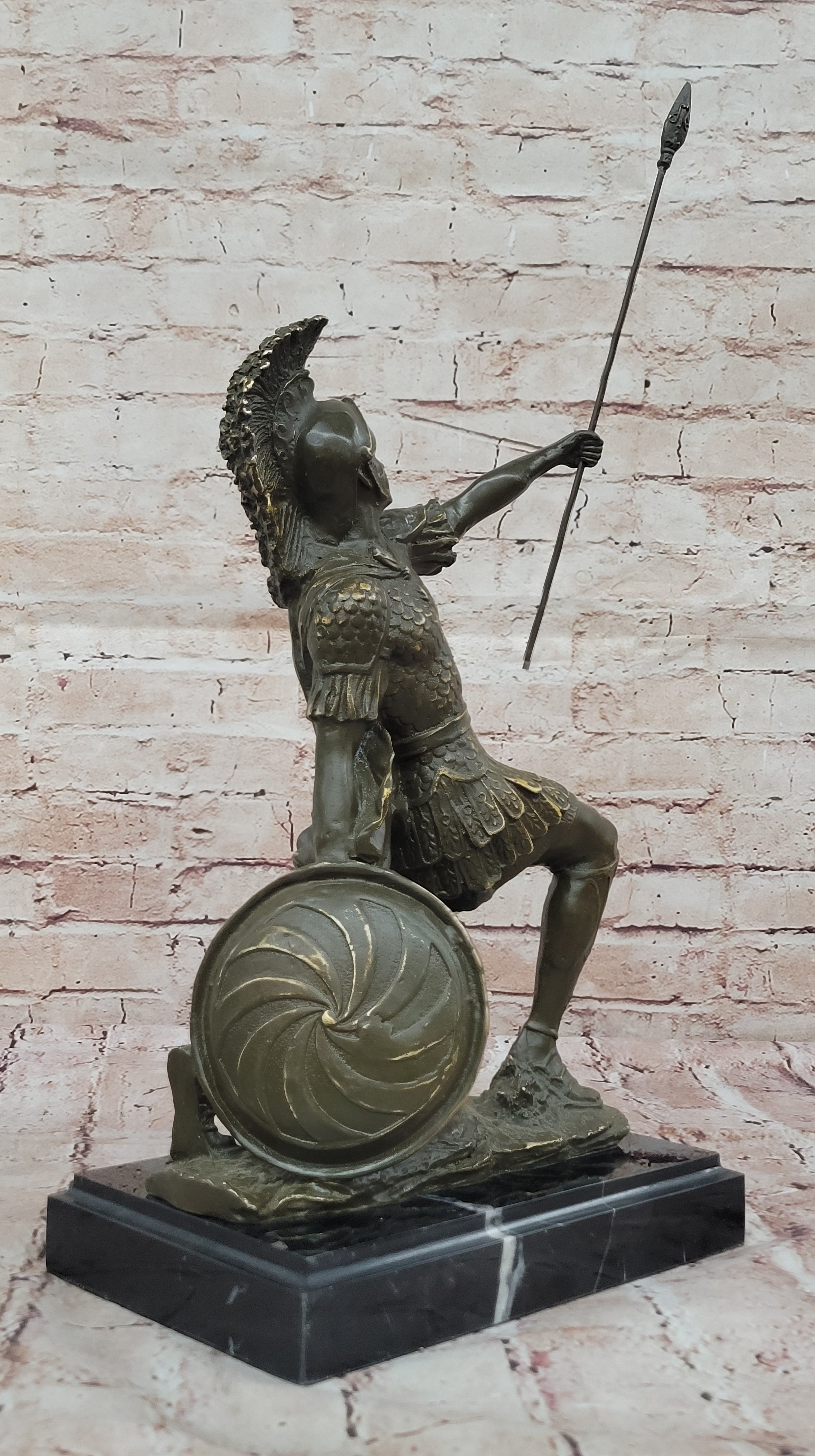 Kneeling Roman Legion Centurion Bronze Sculpture with Spear & Shield