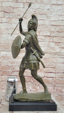 Roman Greek Soldier Bronze Sculpture with Spear Shield Marble Base