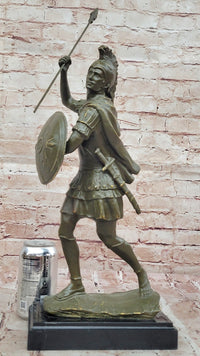 Roman Greek Soldier Bronze Sculpture with Spear Shield Marble Base