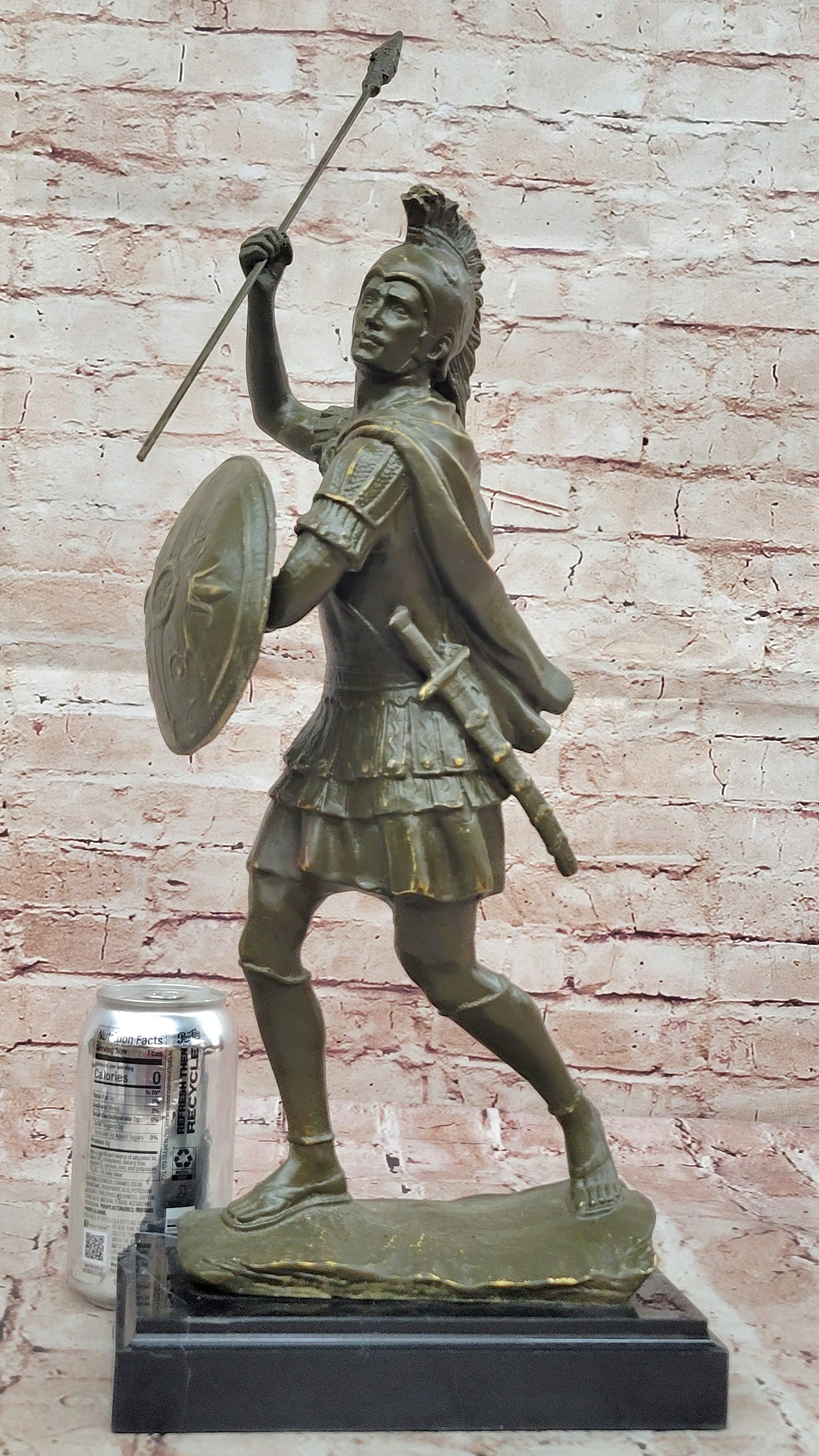 Roman Greek Soldier Bronze Sculpture with Spear Shield Marble Base