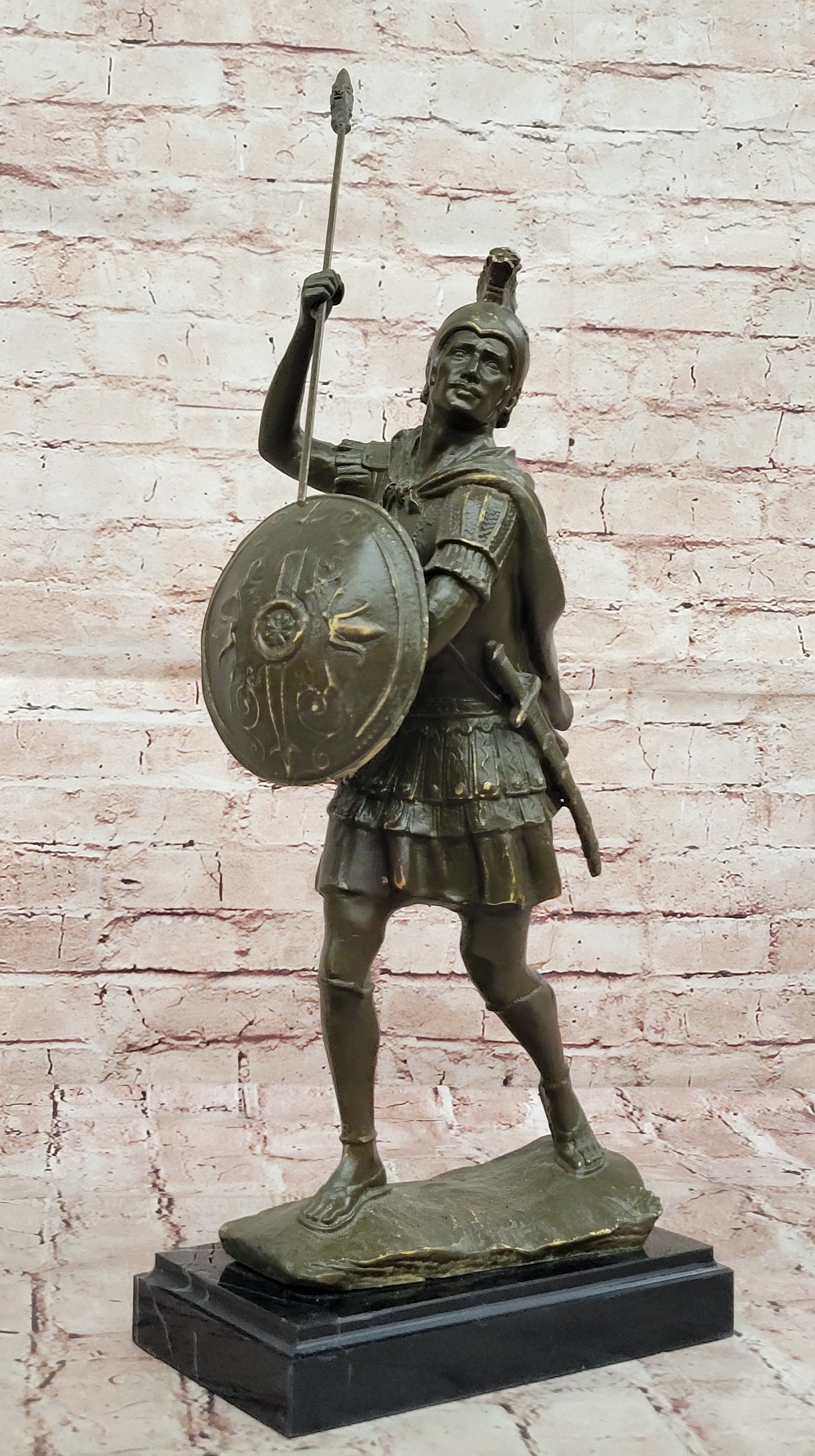 Roman Greek Soldier Bronze Sculpture with Spear Shield Marble Base
