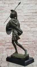 Roman Greek Soldier Bronze Sculpture with Spear Shield Marble Base