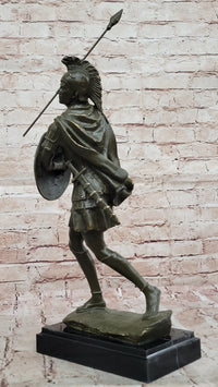 Roman Greek Soldier Bronze Sculpture with Spear Shield Marble Base