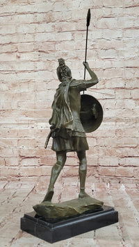 Roman Greek Soldier Bronze Sculpture with Spear Shield Marble Base