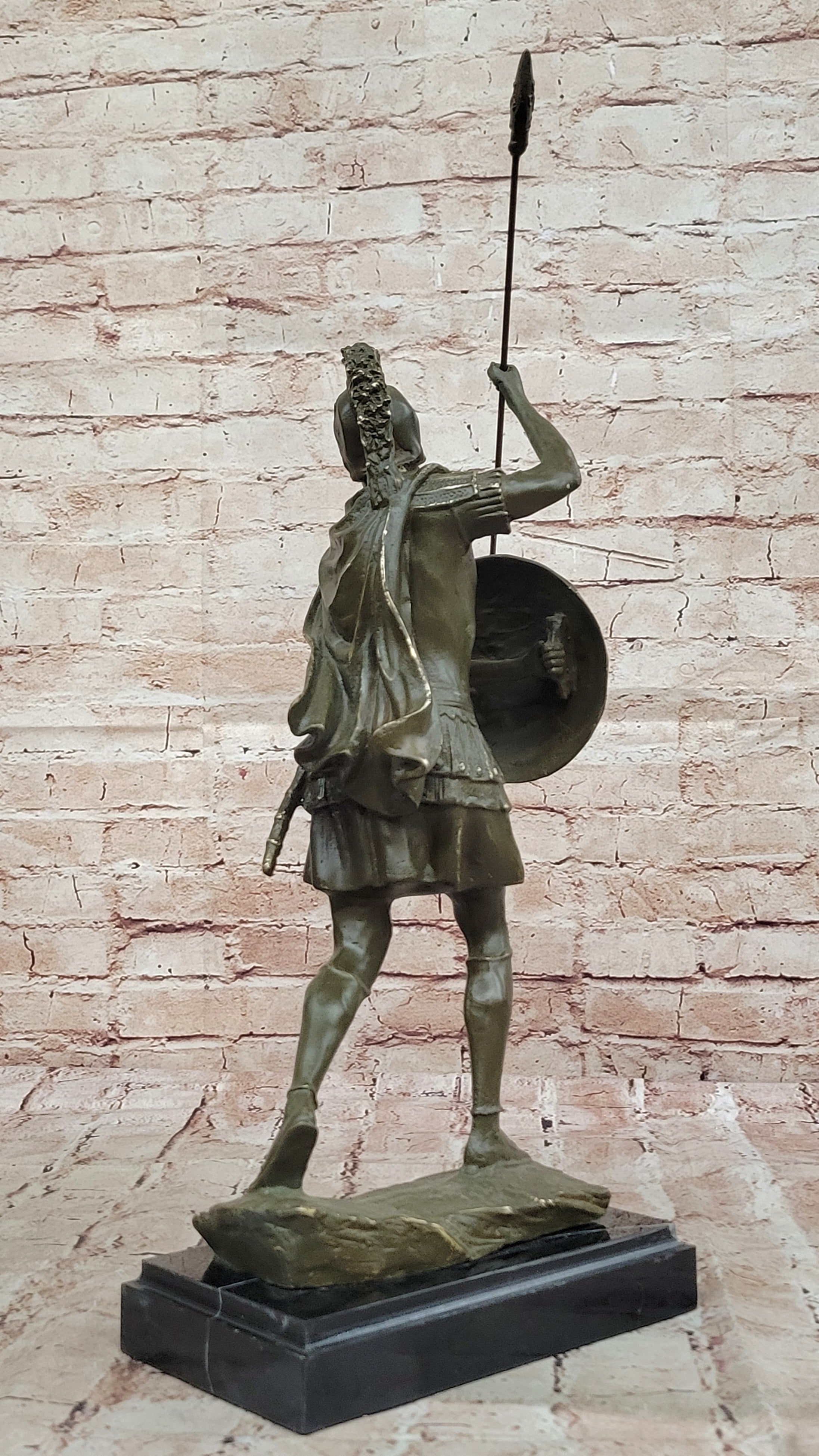 Roman Greek Soldier Bronze Sculpture with Spear Shield Marble Base