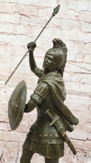 Roman Greek Soldier Bronze Sculpture with Spear Shield Marble Base