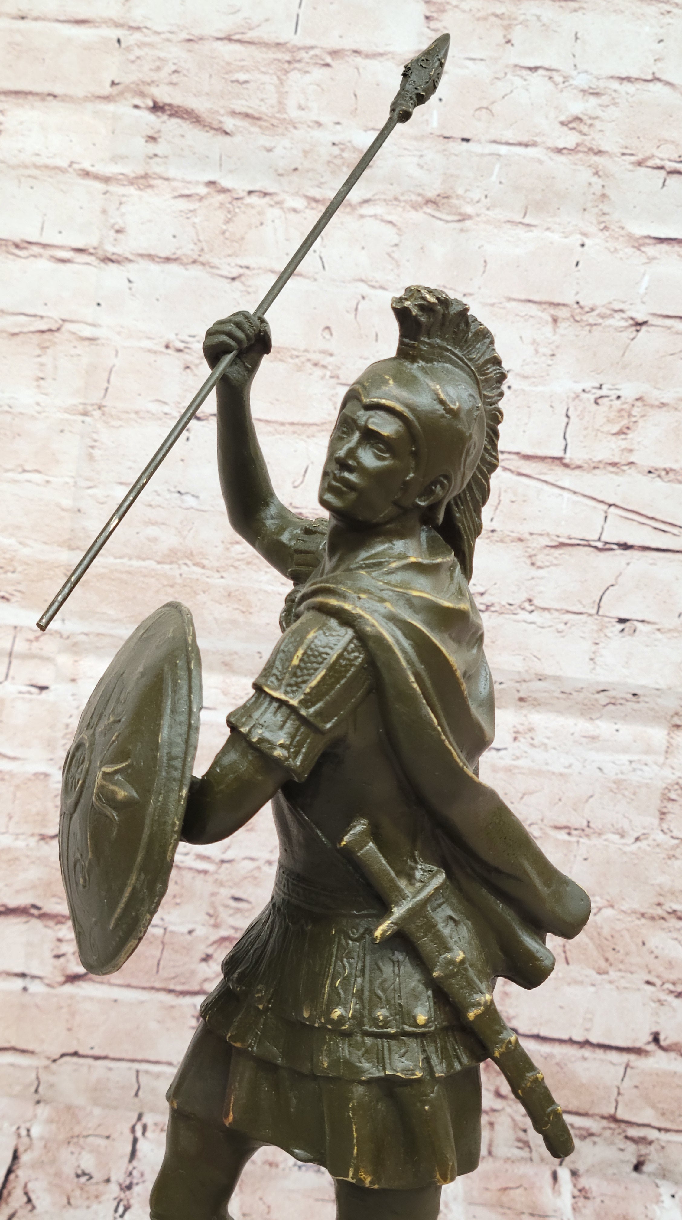 Roman Greek Soldier Bronze Sculpture with Spear Shield Marble Base