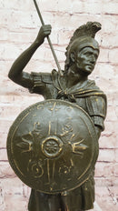 Roman Greek Soldier Bronze Sculpture with Spear Shield Marble Base