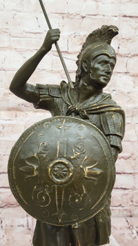 Roman Greek Soldier Bronze Sculpture with Spear Shield Marble Base