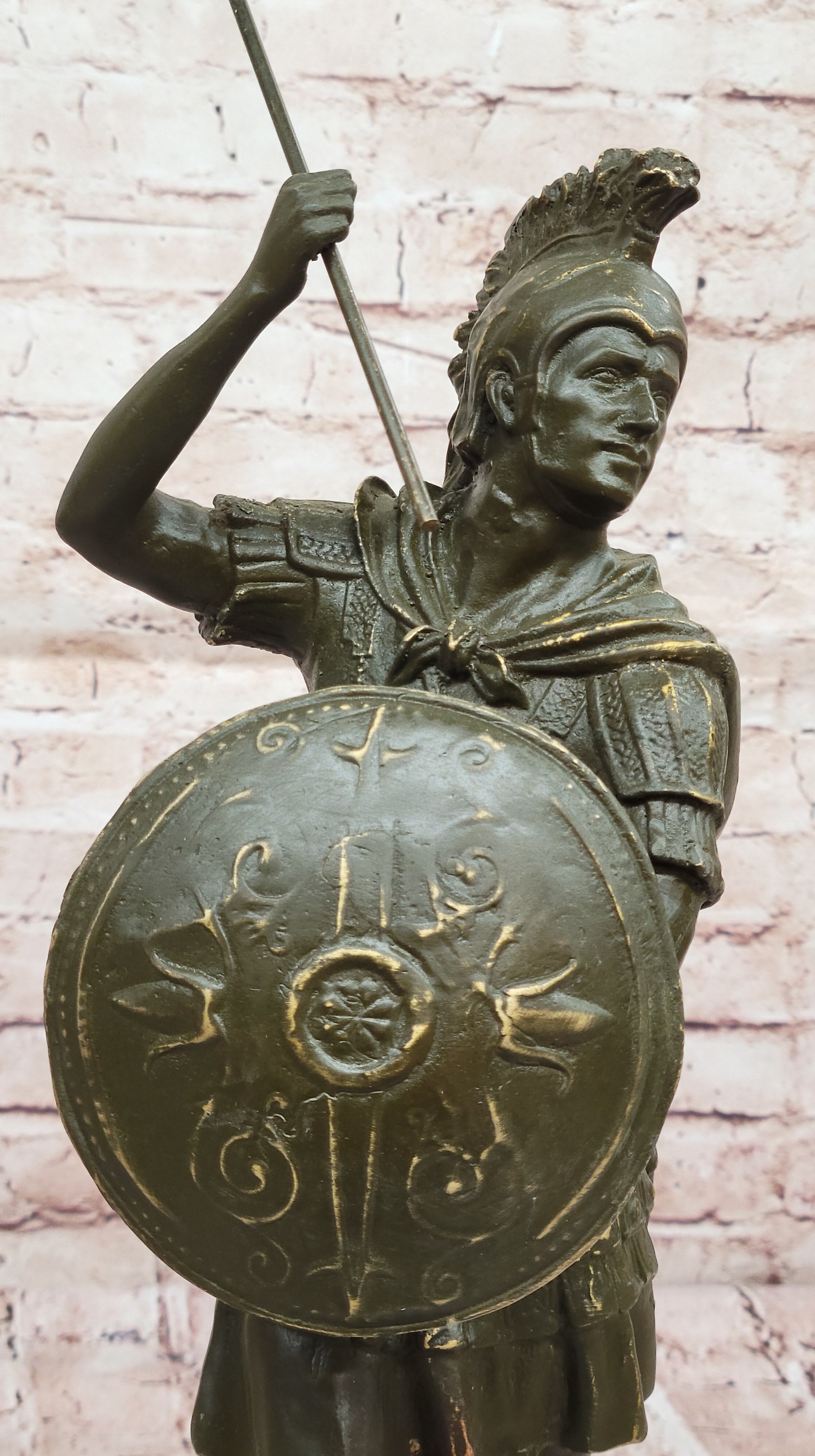 Roman Greek Soldier Bronze Sculpture with Spear Shield Marble Base