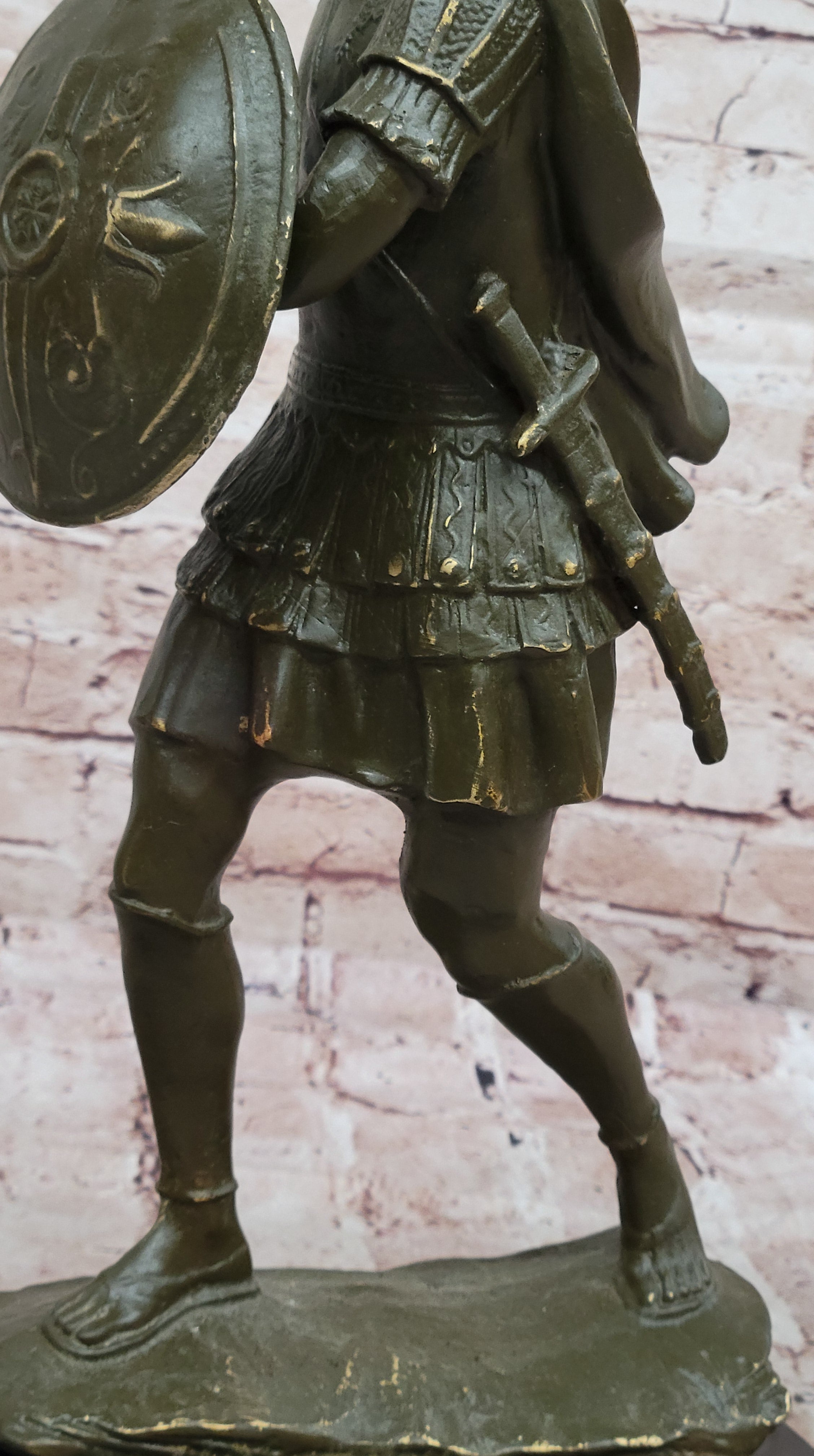 Roman Greek Soldier Bronze Sculpture with Spear Shield Marble Base