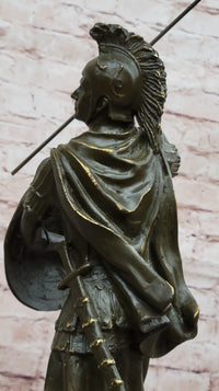 Roman Greek Soldier Bronze Sculpture with Spear Shield Marble Base