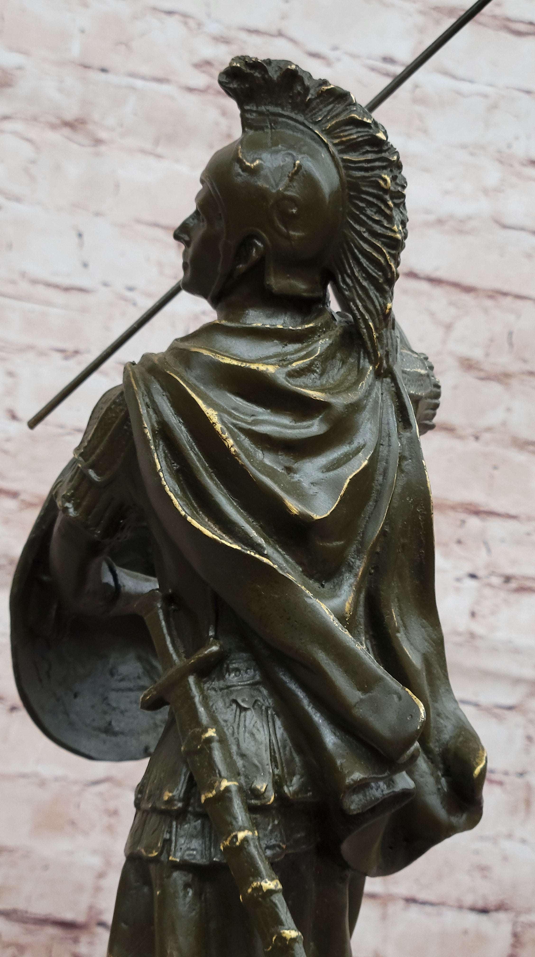 Roman Greek Soldier Bronze Sculpture with Spear Shield Marble Base