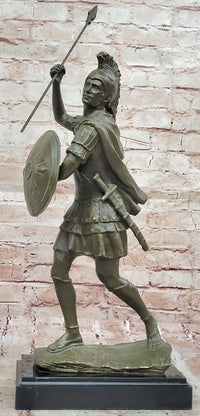 Roman Greek Soldier Bronze Sculpture with Spear Shield Marble Base