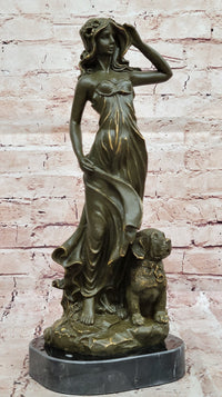 Bronze Lady with Dog on Marble Base by Aldo Vitaleh