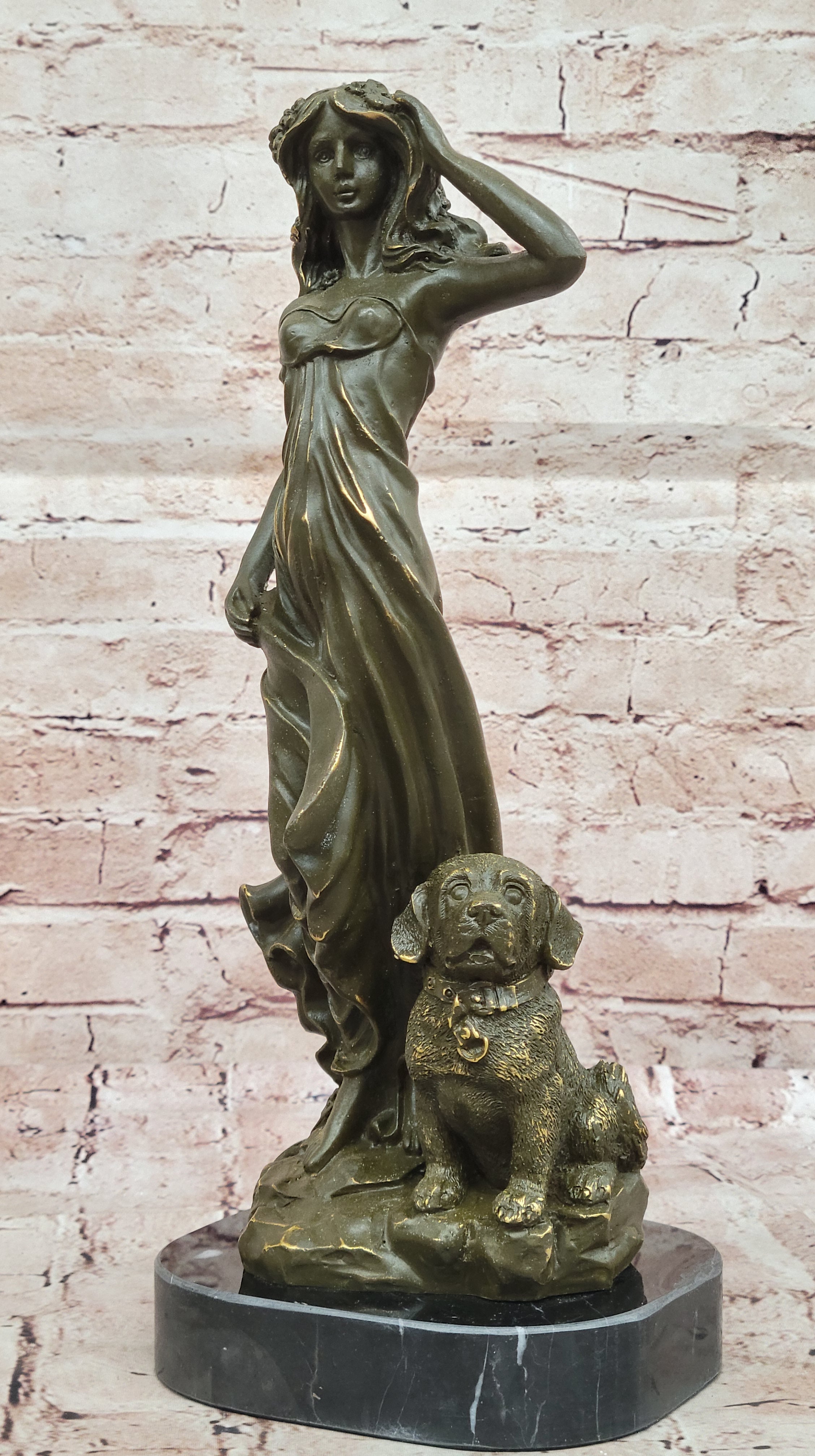 Bronze Lady with Dog on Marble Base by Aldo Vitaleh