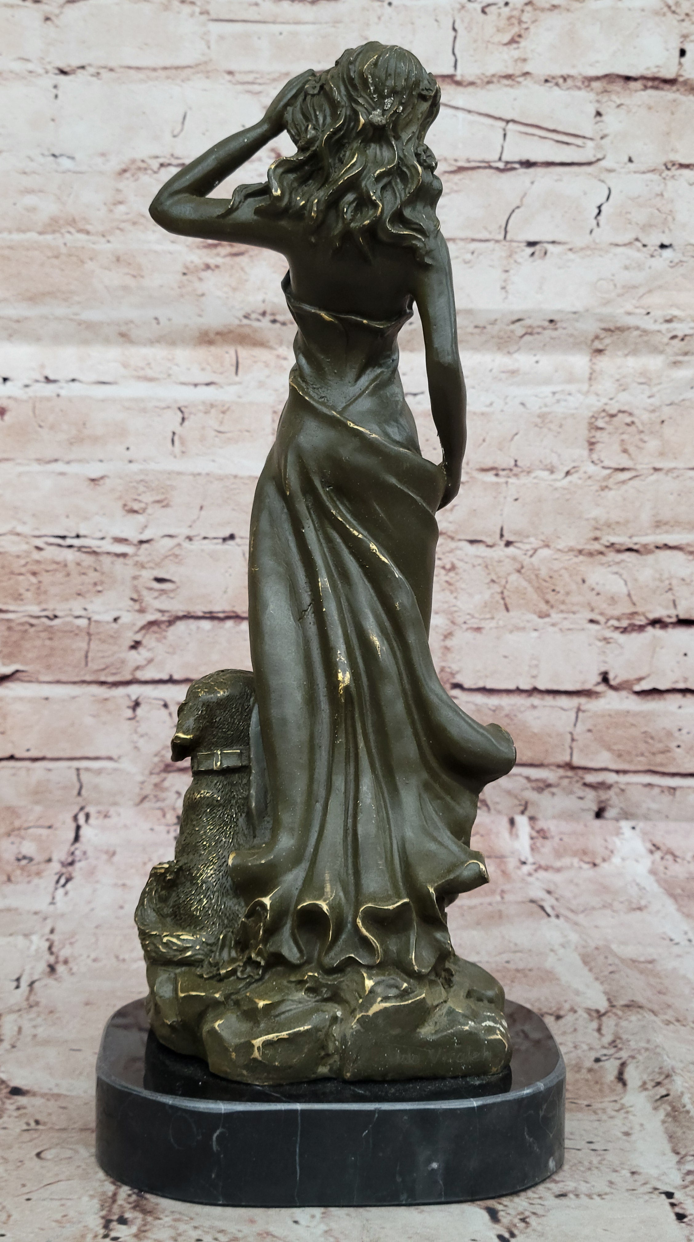 Bronze Lady with Dog on Marble Base by Aldo Vitaleh