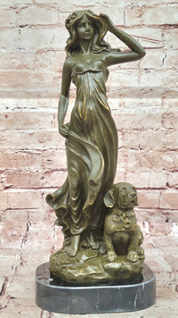 Bronze Lady with Dog on Marble Base by Aldo Vitaleh