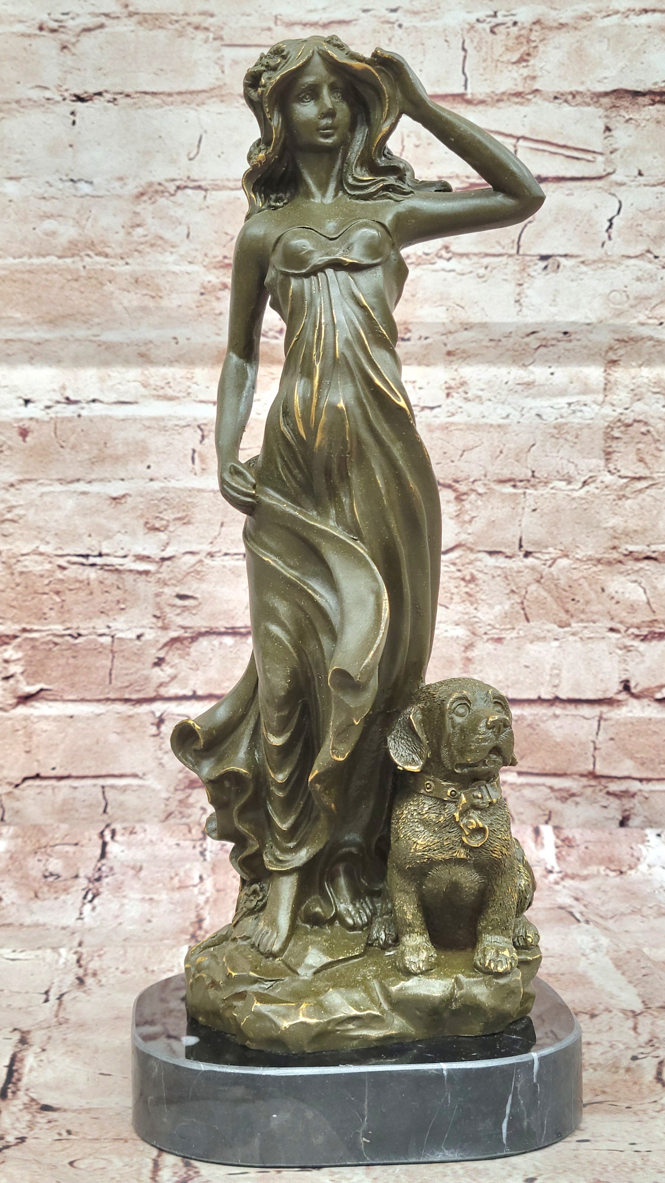 Bronze Lady with Dog on Marble Base by Aldo Vitaleh