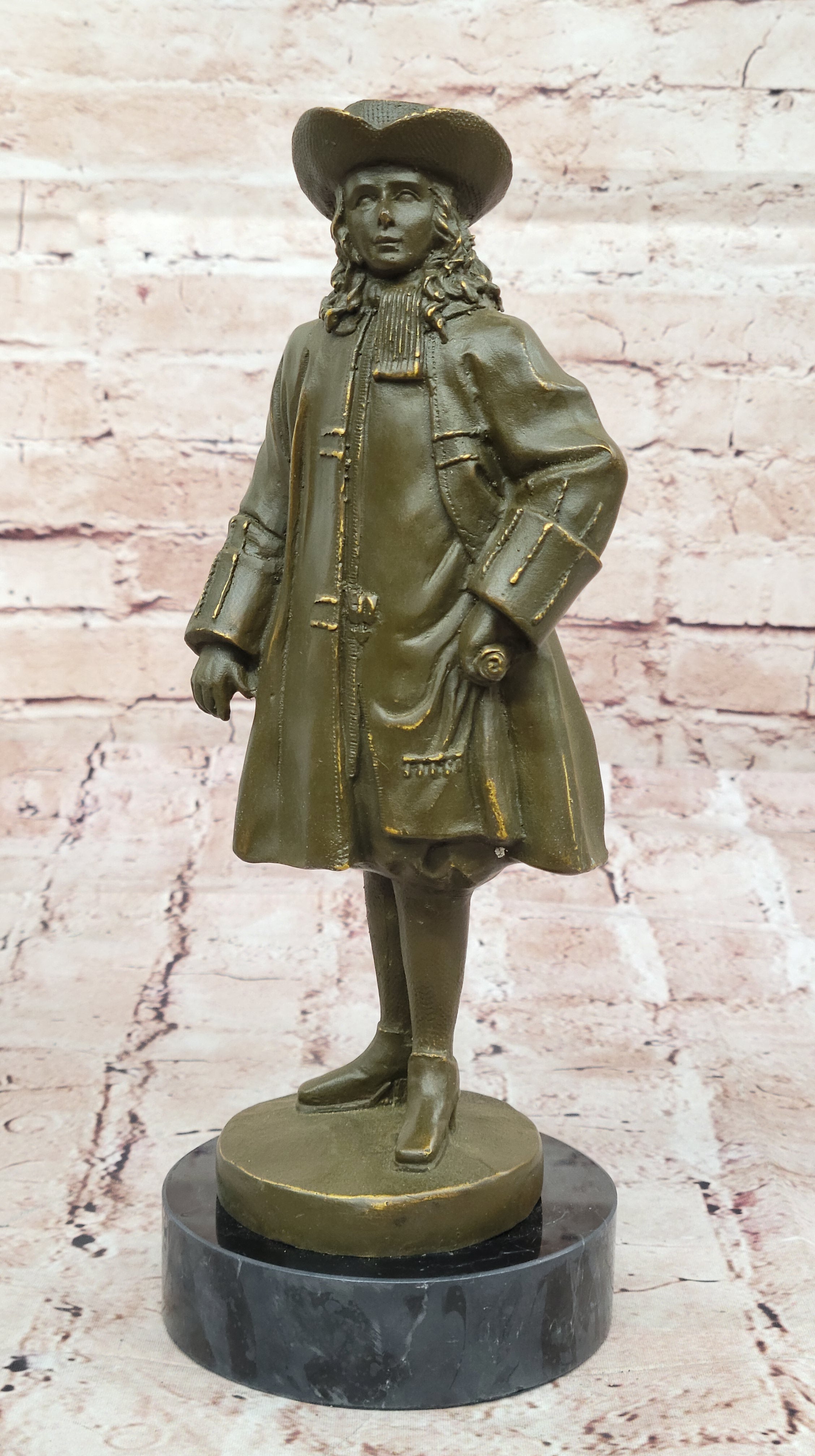 Bronze Historical Figure William Penn with Hat on Marble Base