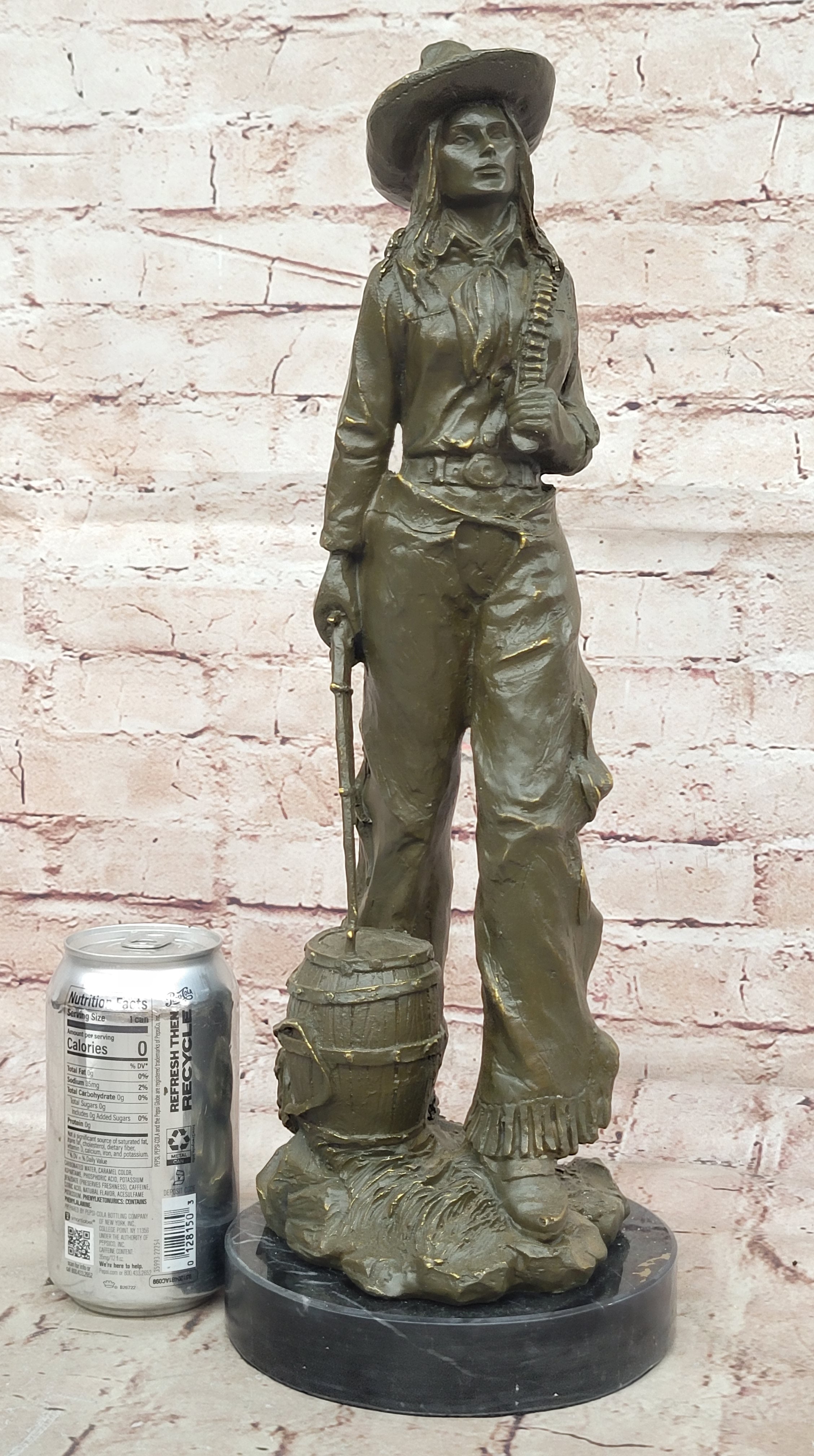 Western Bronze Cowgirl Sculpture with Rifle and Cowboy Hat