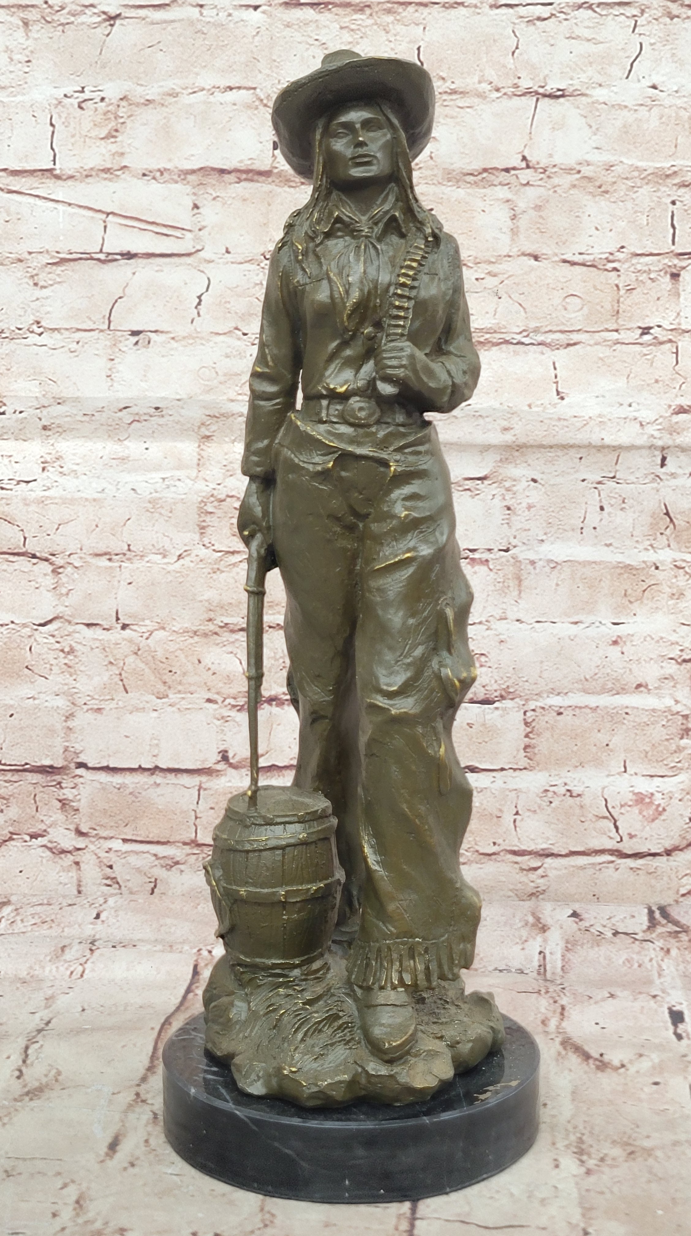 Western Bronze Cowgirl Sculpture with Rifle and Cowboy Hat