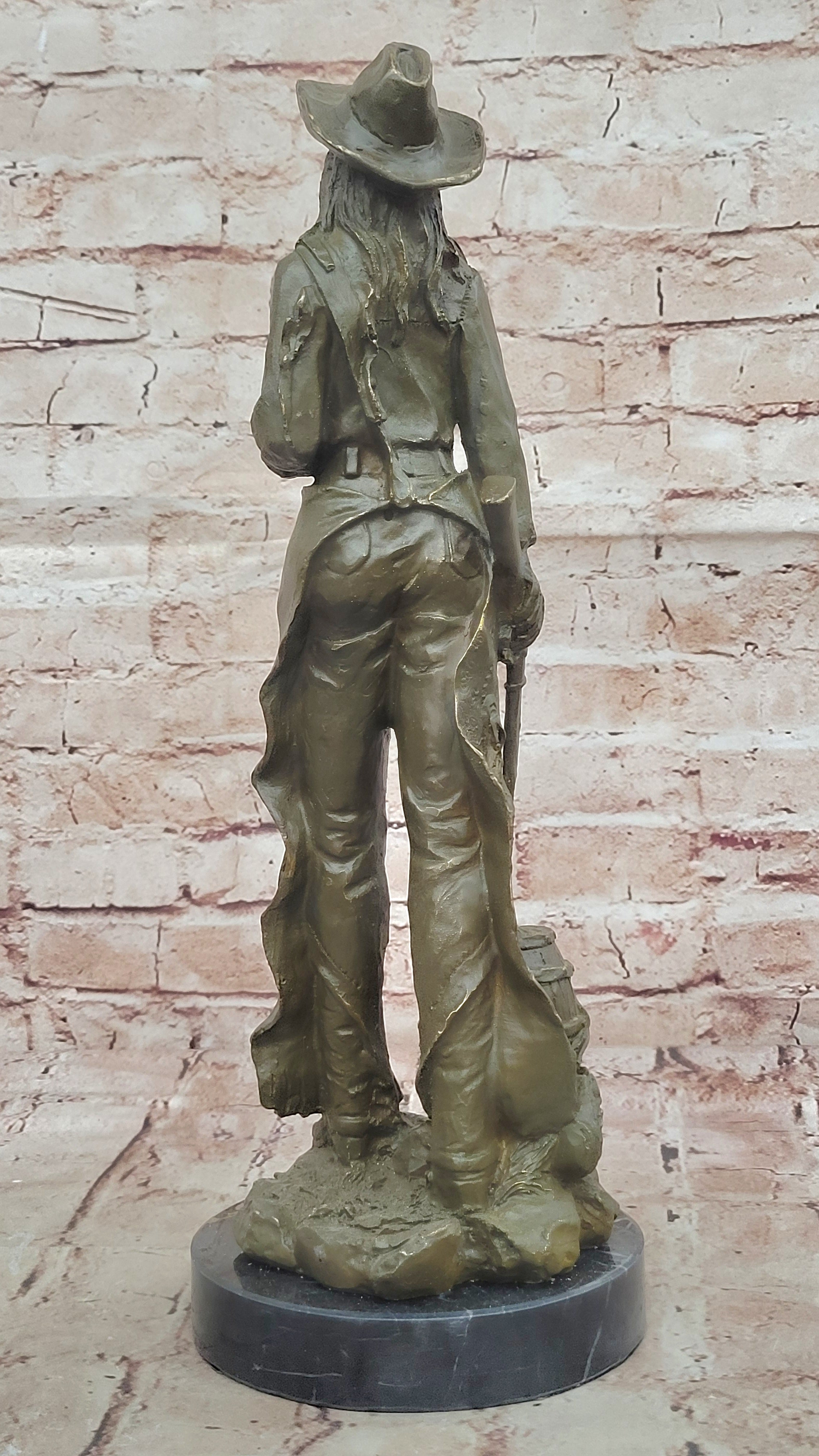 Western Bronze Cowgirl Sculpture with Rifle and Cowboy Hat