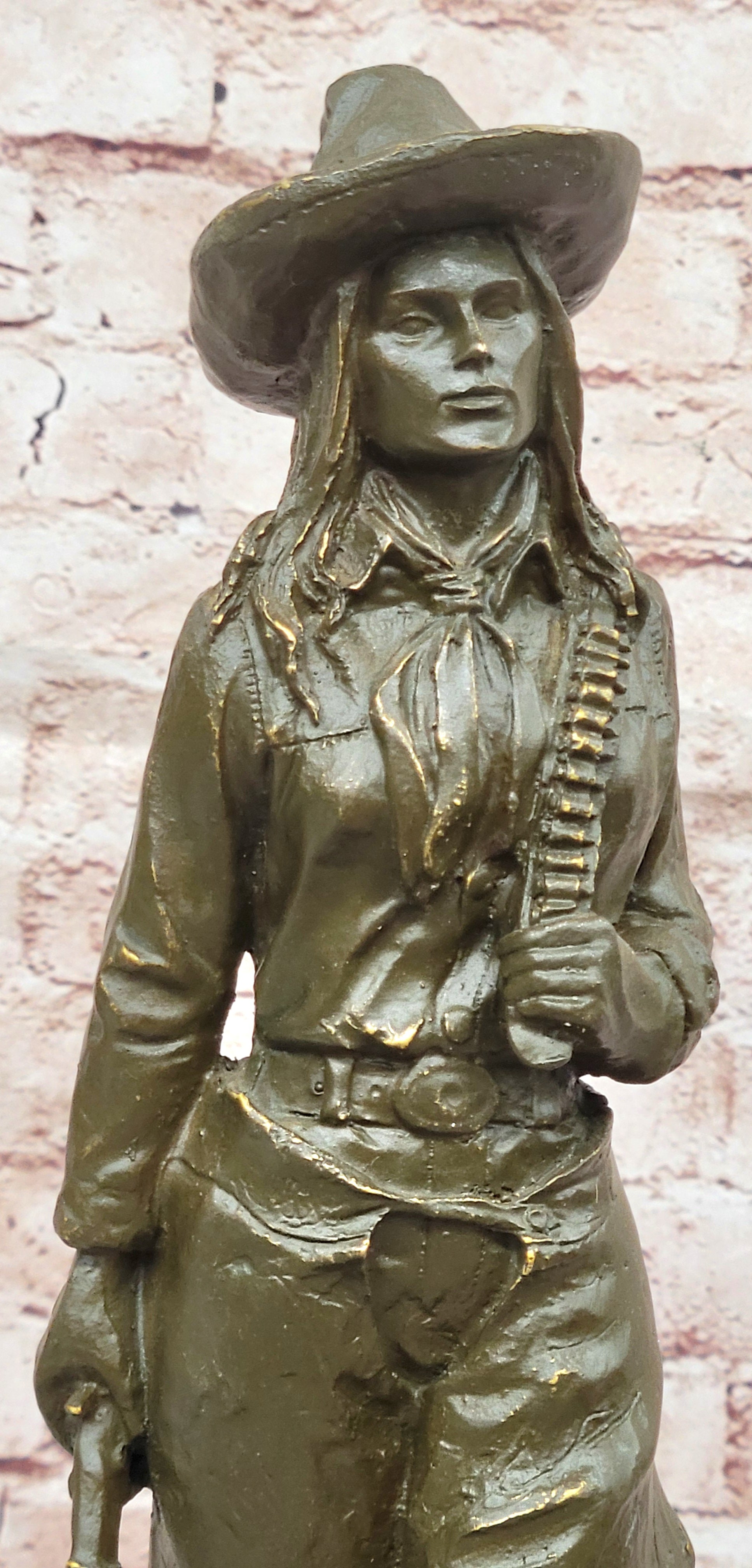 Western Bronze Cowgirl Sculpture with Rifle and Cowboy Hat