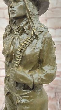 Western Bronze Cowgirl Sculpture with Rifle and Cowboy Hat