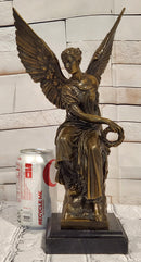 Bronze Goddess of Victory Statue Winged Angel with Laurel Wreath Decor Signed Hudon