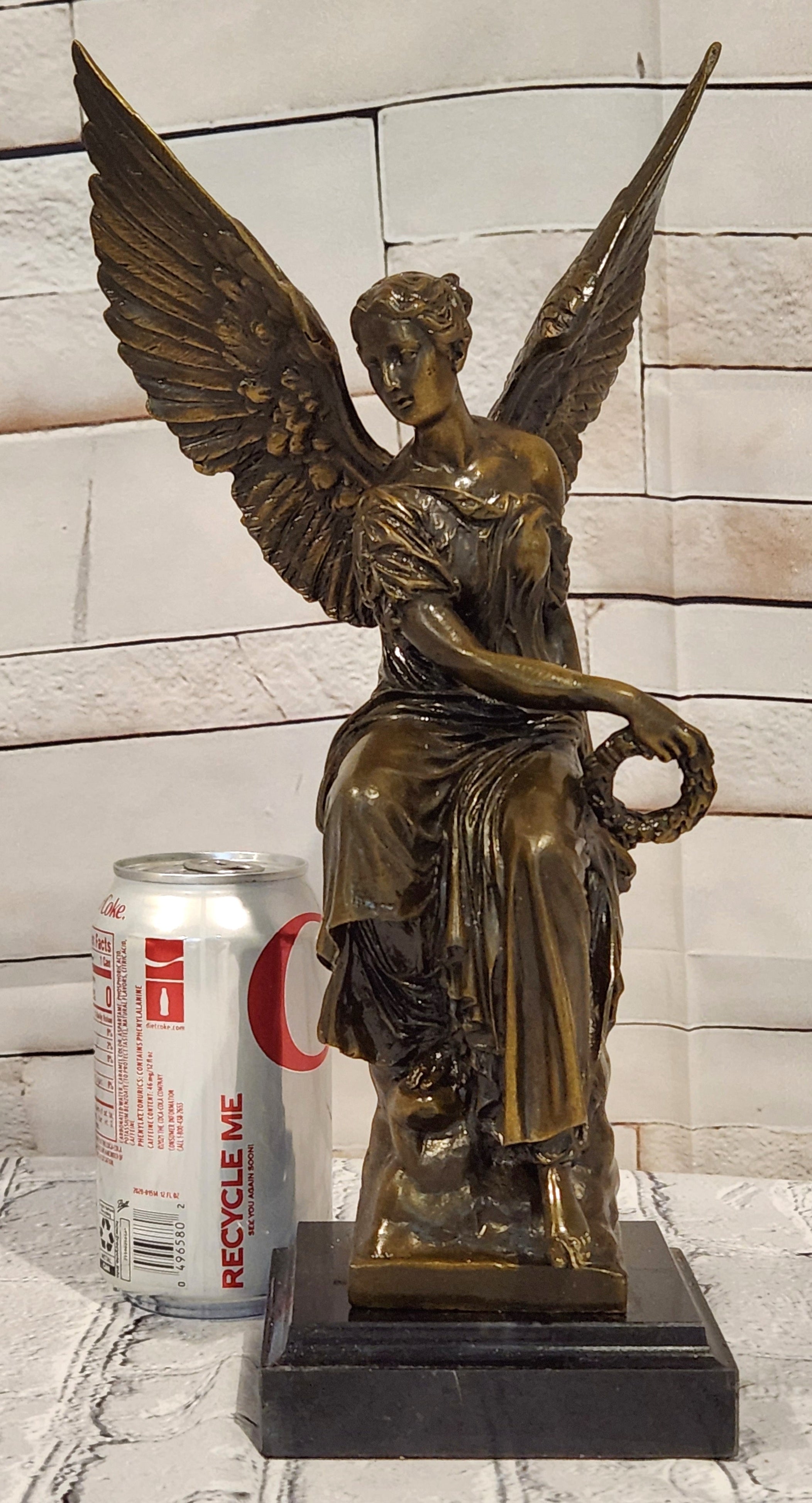 Bronze Goddess of Victory Statue Winged Angel with Laurel Wreath Decor Signed Hudon
