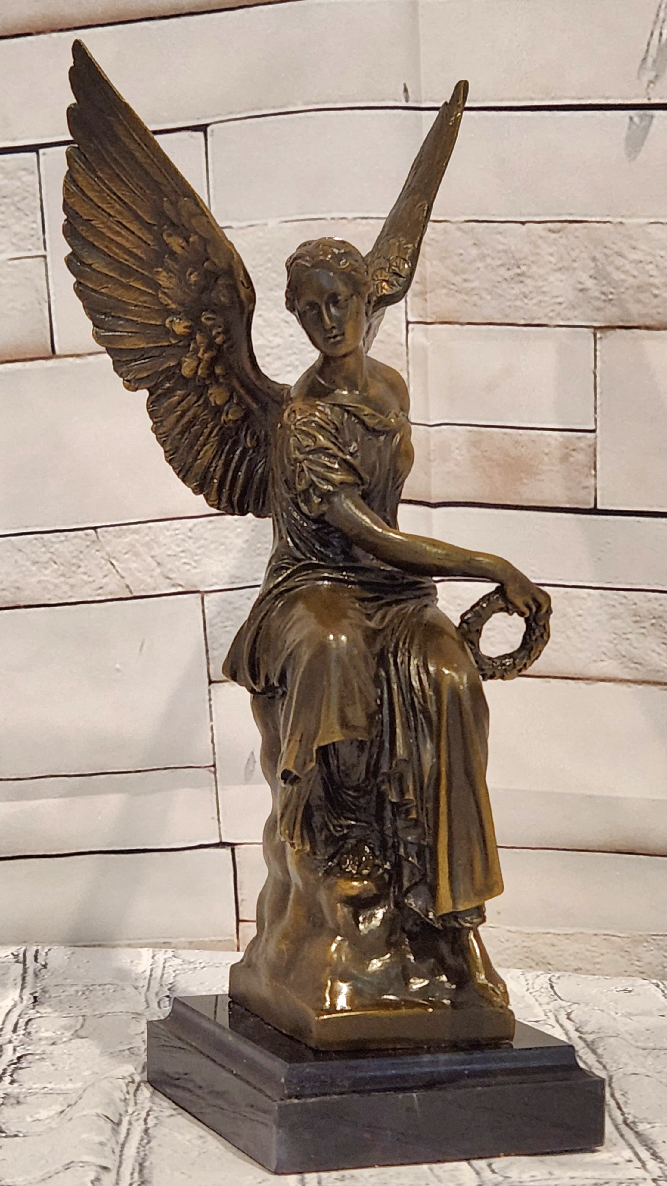 Bronze Goddess of Victory Statue Winged Angel with Laurel Wreath Decor Signed Hudon