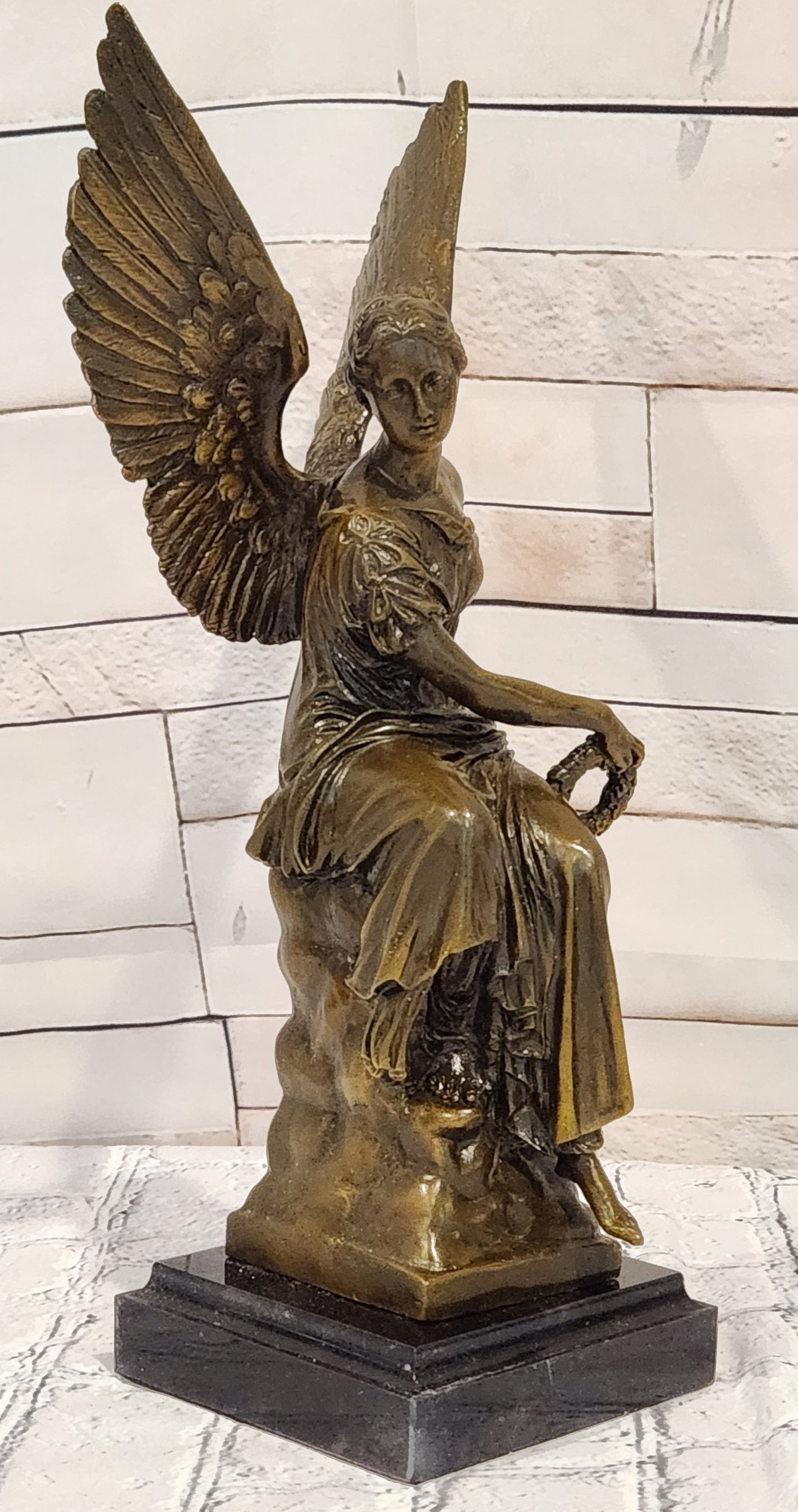 Bronze Goddess of Victory Statue Winged Angel with Laurel Wreath Decor Signed Hudon