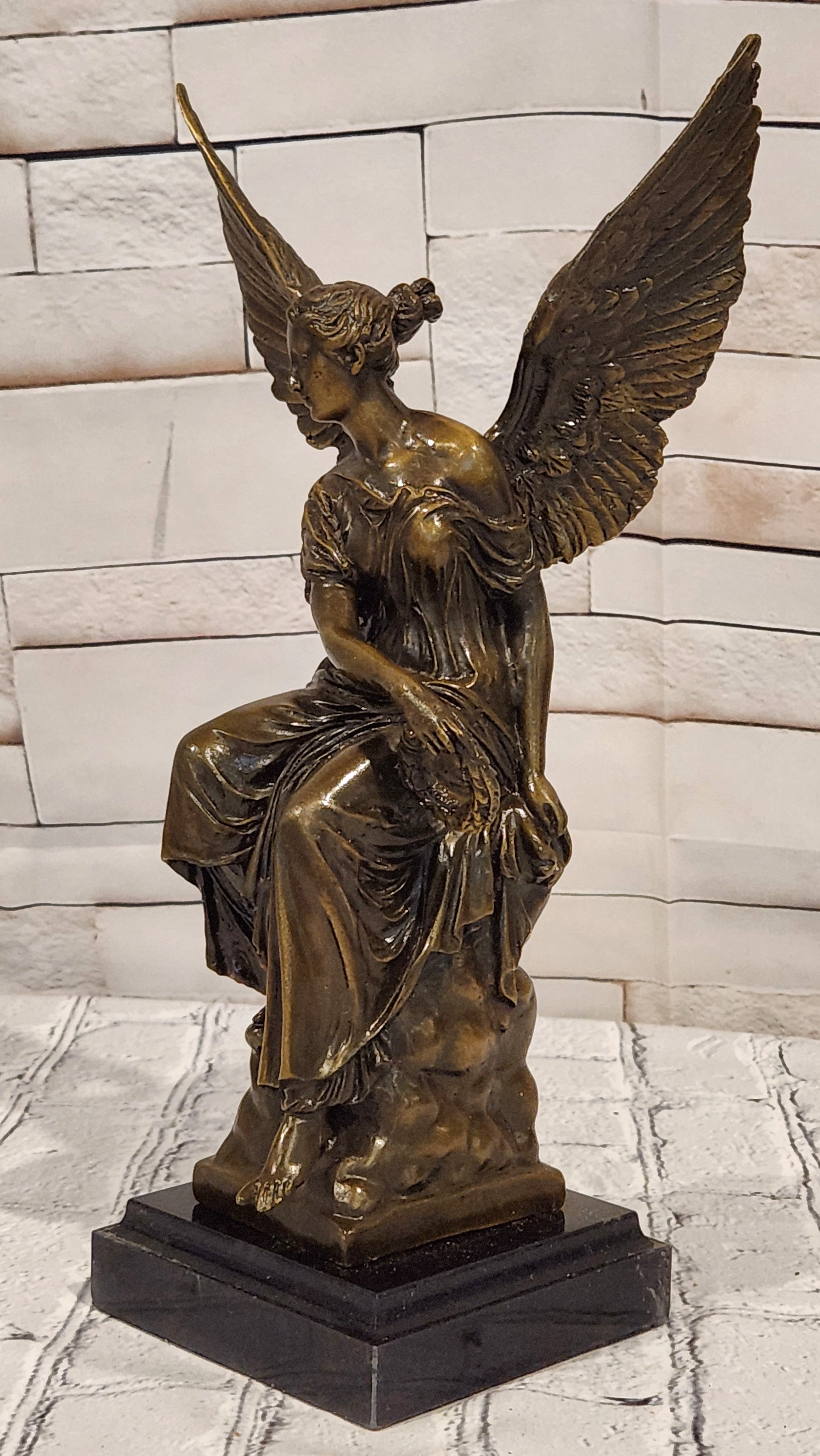 Bronze Goddess of Victory Statue Winged Angel with Laurel Wreath Decor Signed Hudon