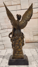 Bronze Goddess of Victory Statue Winged Angel with Laurel Wreath Decor Signed Hudon