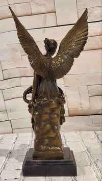 Bronze Goddess of Victory Statue Winged Angel with Laurel Wreath Decor Signed Hudon